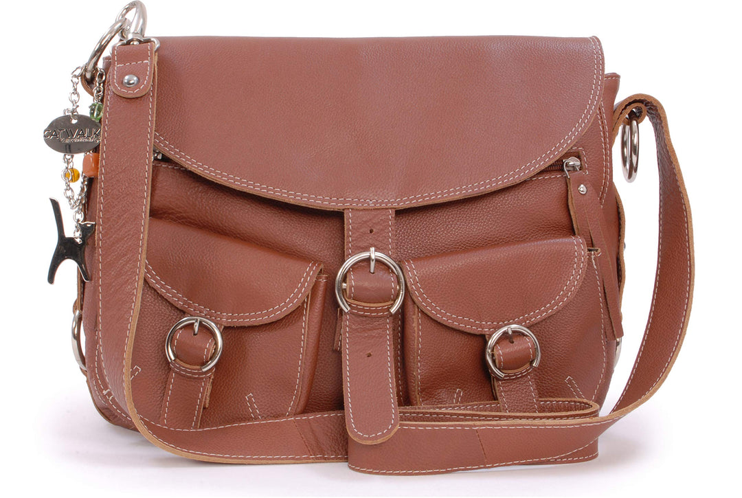 Catwalk Collection Handbags - Leder - Grosse Überschlagtasche/Schultertasche - COURIER L Hellbraun,