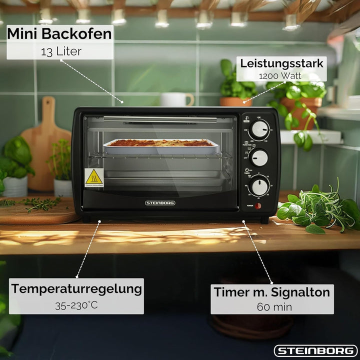 Steinborg® Mini Backofen 13 Liter Krümelblech Ober- und Unterhitze 1.200 Watt Miniofen mit Timer kle