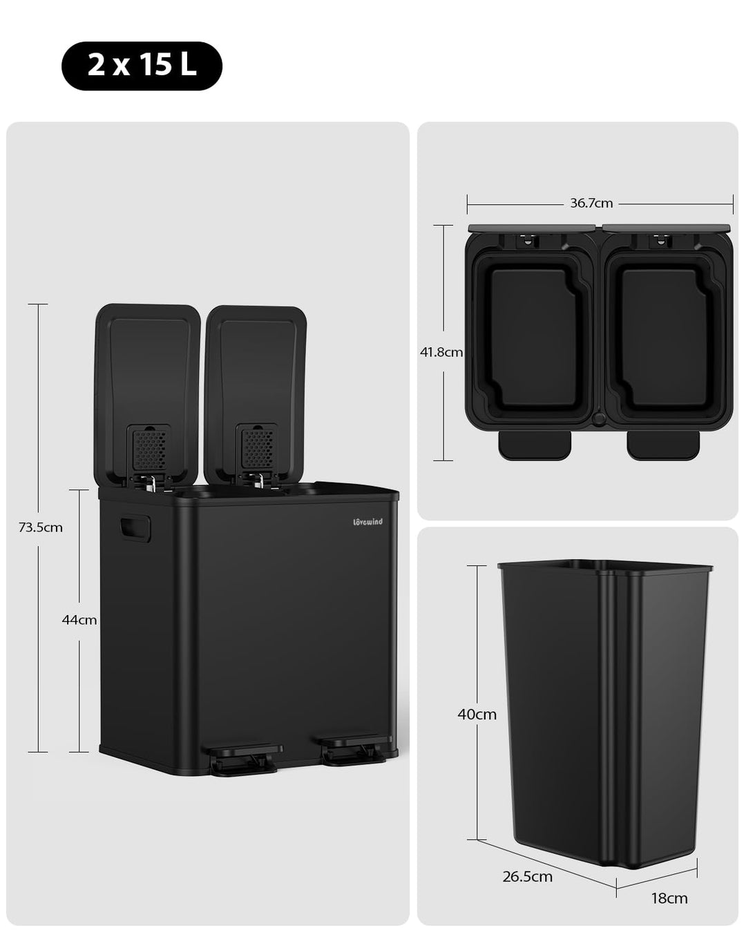 lovewind Mülleimer, 2 x 15L Mülleimer Küche, Doppeleimer für Recycling und Abfall, Schwarz, Mülleime