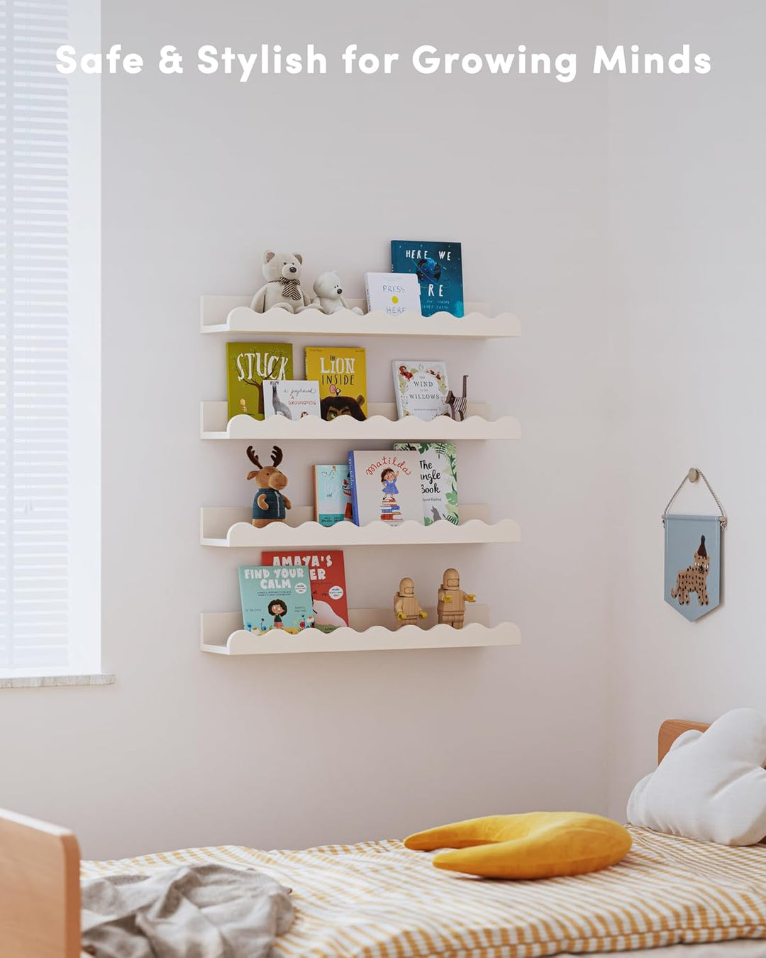 Kids' Bookshelf Set mit 4 weissen Floating Kindergartenbüchern, Bild-Ledge Shelf für Wanddekoration