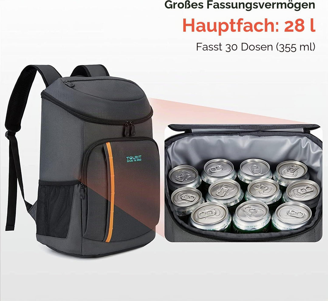 TOURIT Kühlrucksack Leichter Rucksack 28L mit Flaschenöffner Hält 30 Dosen Dunkelgrau, Dunkelgrau