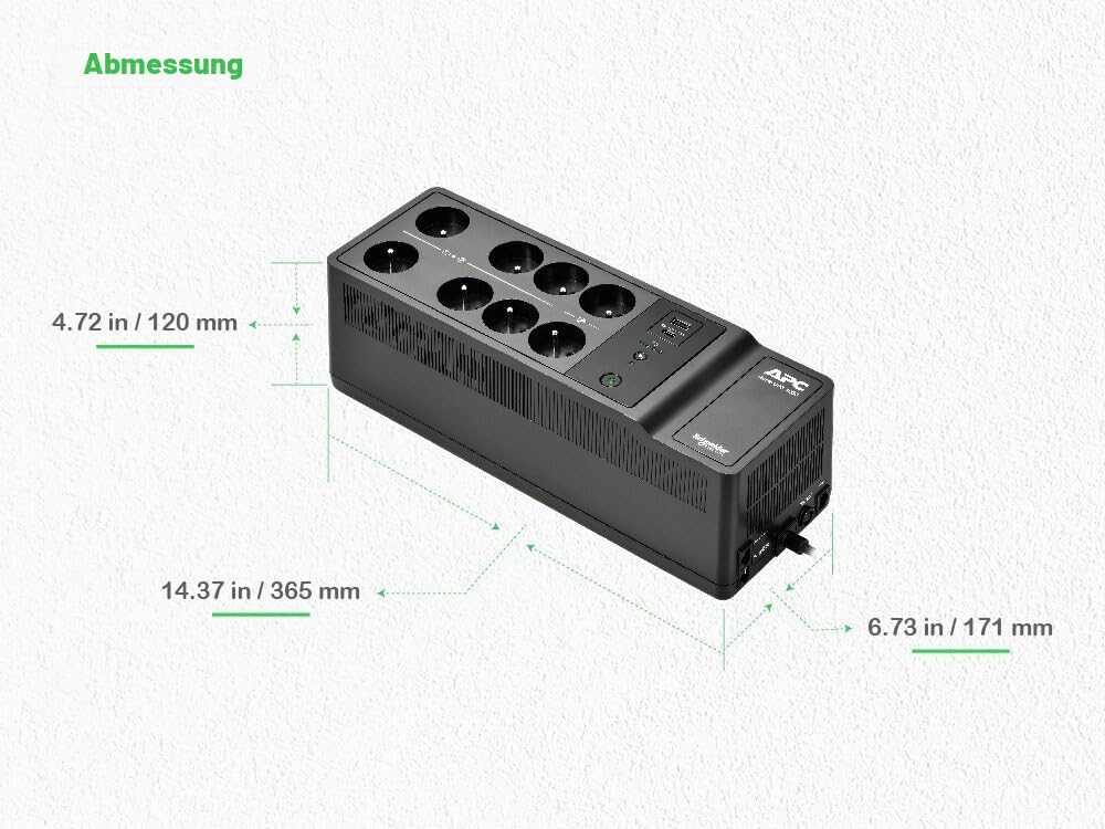 APC UPS für Zuhause, 1050VA UPS Batterie-Backup mit AVR, 8X Schuko CEE 7/3 Steckdosen, (2) USB-Ladea