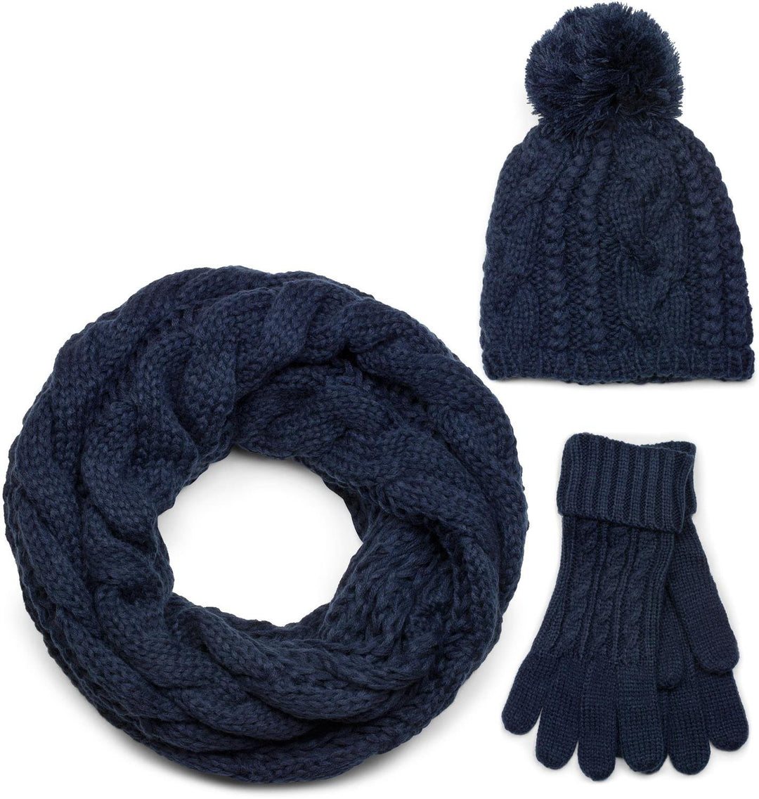 styleBREAKER Schal, Mütze und Handschuh Set, Zopfmuster Strickschal mit Bommelmütze und Handschuhe,