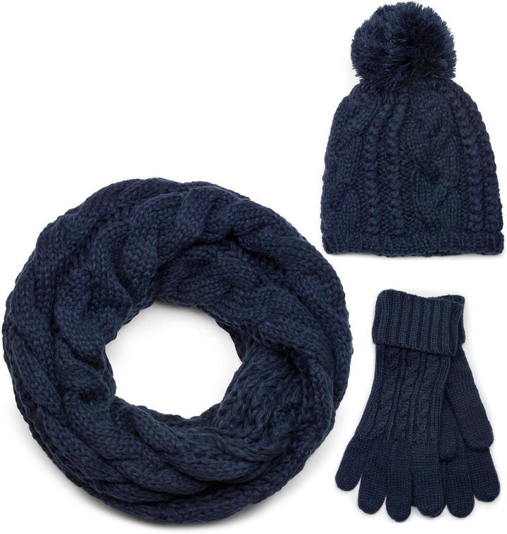 styleBREAKER Schal, Mütze und Handschuh Set, Zopfmuster Strickschal mit Bommelmütze und Handschuhe,