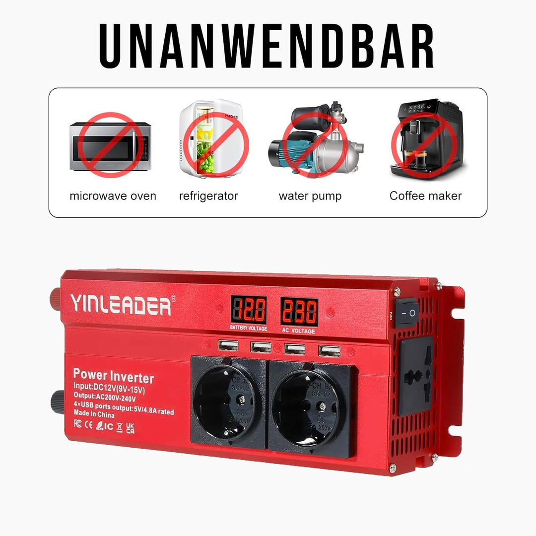 Spannungswandler 12V 230V 1000W/2000W Wechselrichter mit 2 Steckdose und 4 USB LED Spannungsanzeige