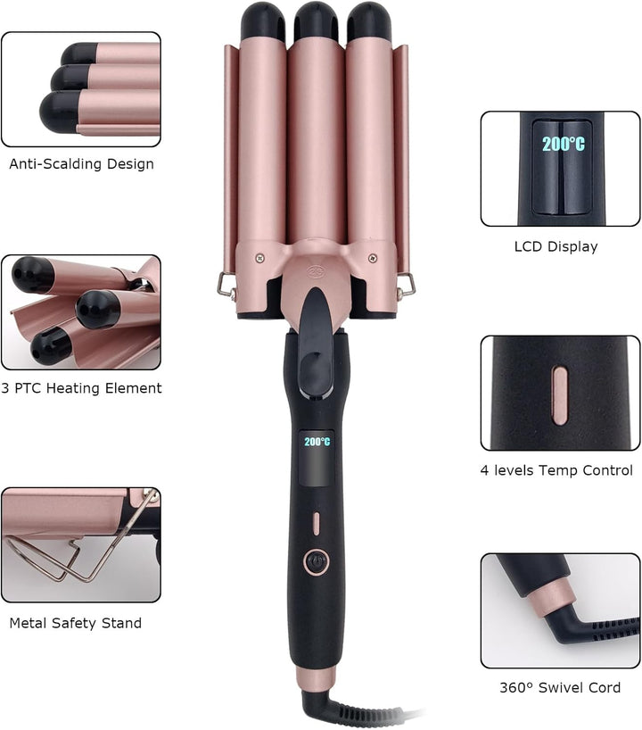 3 Fässer Welleneisen, 25mm Keramik Turmalin Haar Lockenstab Waver Wand mit LCD-Temperaturanzeige, Sc