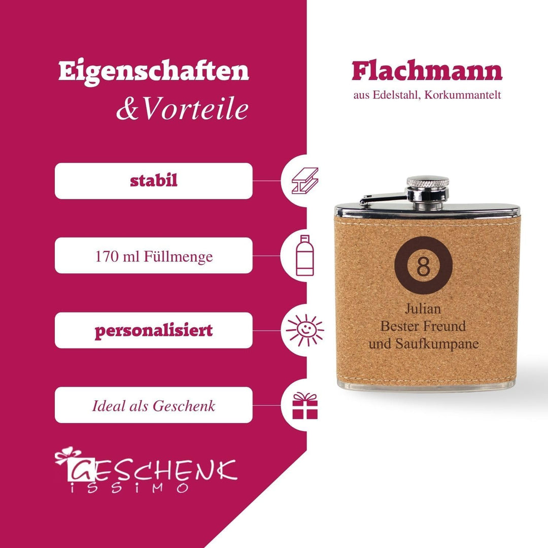 Flachmann Kork mit Gravur, Name + Motiv, Edelstahl mit Korkmantel, Schnapsgeschenk für Männer und Fr