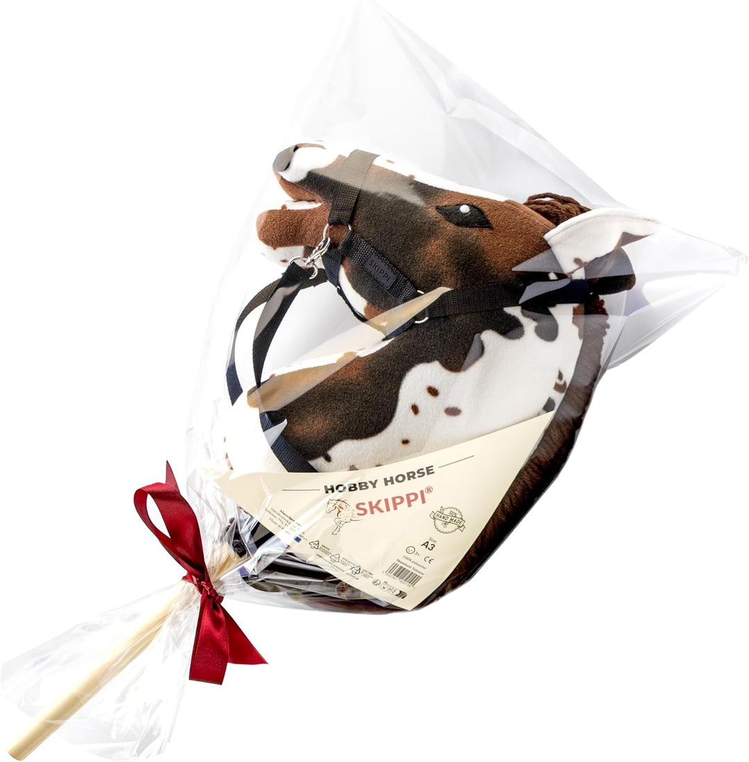 SKIPPI Hobby Horse Braunschecke, Steckenpferd mit Halfter und Zügeln im Set, Schecke Hobby Horsing P