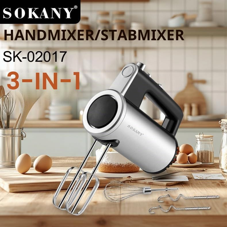 SOKANY 3-in-1 Handmixer SK-02017, 800 Watt Handrührgerät mit 5 Geschwindigkeiten, Edelstahl Rührgerä