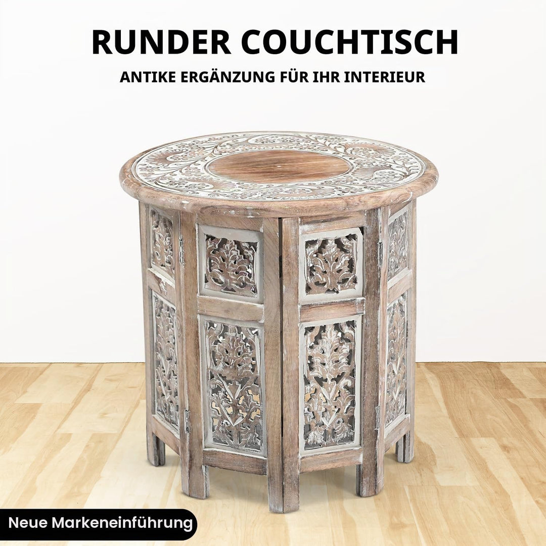 iAnanas Kleiner rustikaler Couchtisch – Handgefertigter Beistelltisch aus Mangoholz mit weiss getünc