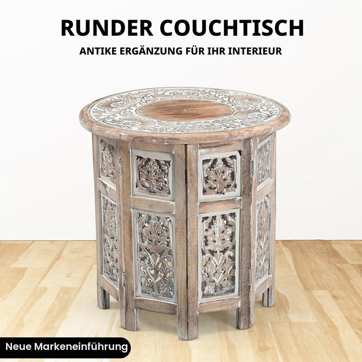 iAnanas Kleiner rustikaler Couchtisch – Handgefertigter Beistelltisch aus Mangoholz mit weiss getünc