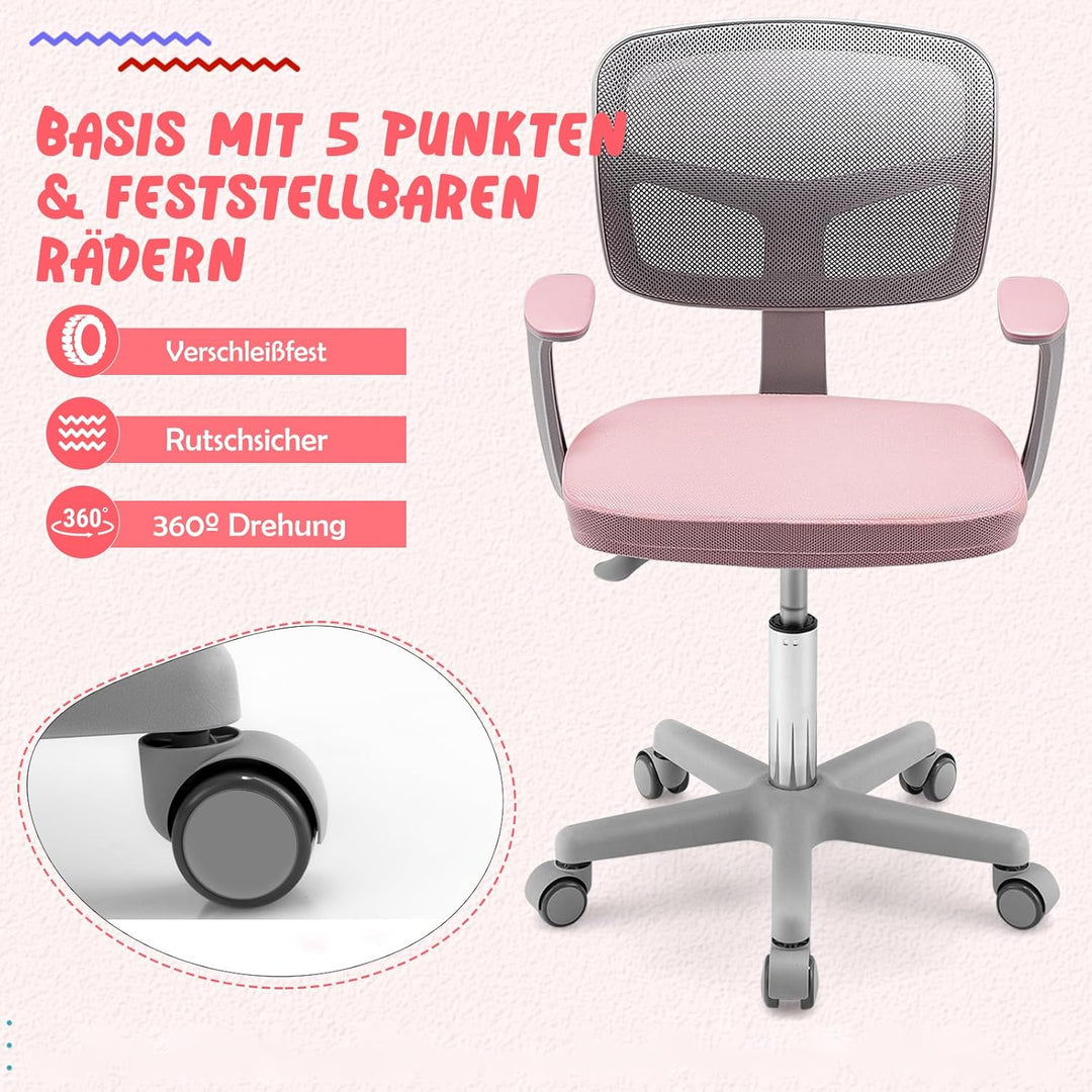 COSTWAY 360° Drehbarer Kinderschreibtischstuhl, 80-91,5 cm Höhenverstellbarer Jungendstuhl mit Rücke