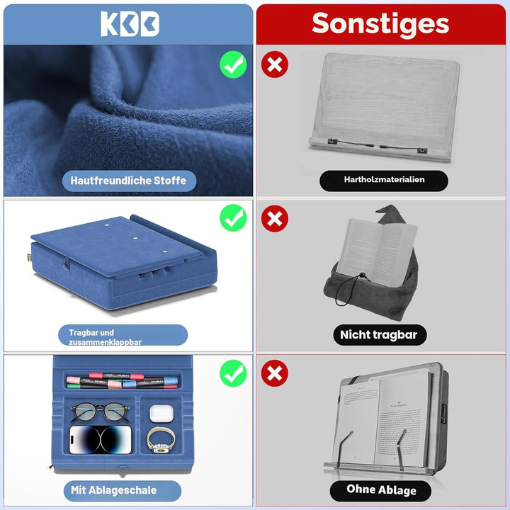 KDD Buchständer Kissen mit Aufbewahrung, Faltbare Buchhalter Leseständer, Verstellbar Kochbuchhalter