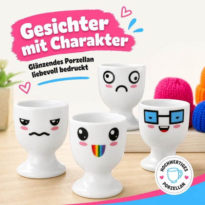 MIJOMA 6 Stück Set Eierbecher Eierhalter Eierständer weiss mit Gesichter Dekor #3, aus Porzellan je