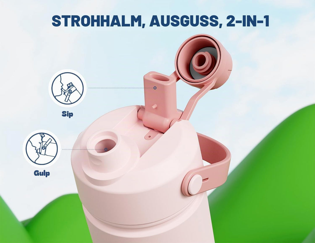 POWCAN Kinder Edelstahl Trinkflasche, Auslaufsicher, 2-in-1 Deckel, 355ml Cotton Candy 355 ml, Cotto