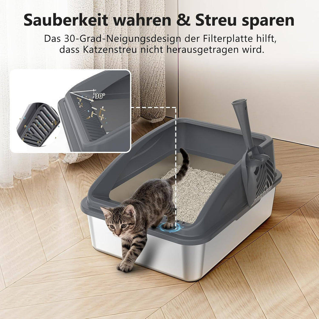 FURTIME Katzenklo Edelstahl, Katzentoilette Edelstahl 18L mit Schaufel, Katzenklo Metall mit Hochwan