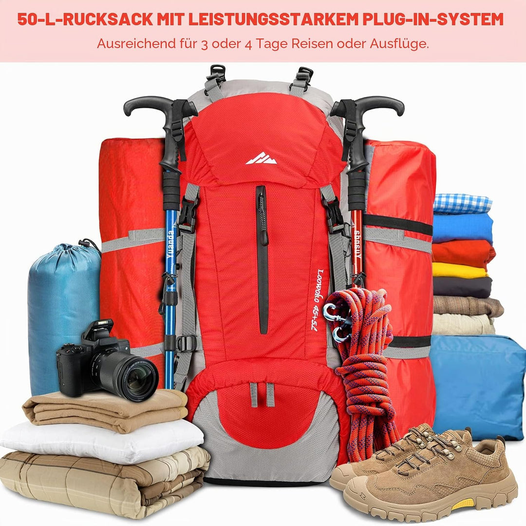 Loowoko 50 l Wanderrucksack, wasserdichte Camping-Essentials-Tasche mit Regenschutz, 45 + 5 Liter le