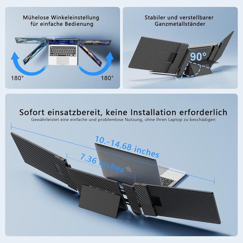 Tragbarer Monitor für Laptop, 14’’ Triple Laptop Screen Extender, FHD 1080p Portable Monitor Bildsch