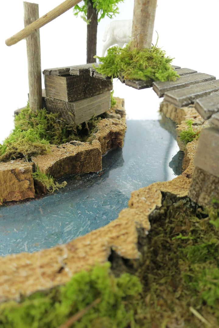 Ferrari & Arrighetti Fluss mit Fussbrücke und Bäumen, Holz, Mehrfarbig, Einheitsgrösse