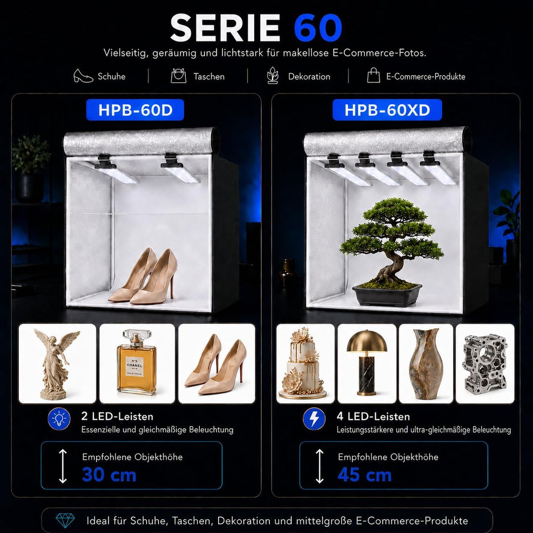HAVOX - Fotostudio HPB-60XD - Masse 60x60x60cm - 4X Dimmbare LED-Beleuchtung Tageslicht 5500k - 26,0