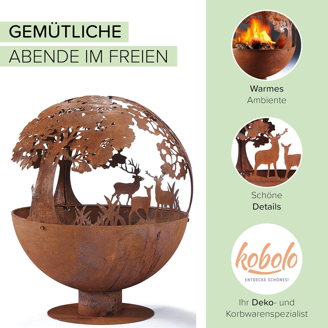 Kobolo Feuerschale Feuerkorb FOREST Kugelform rund mit Motiv - Metall Rostoptik