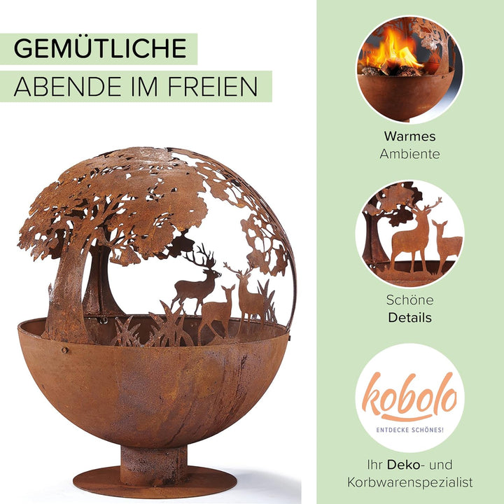 Kobolo Feuerschale Feuerkorb FOREST Kugelform rund mit Motiv - Metall Rostoptik