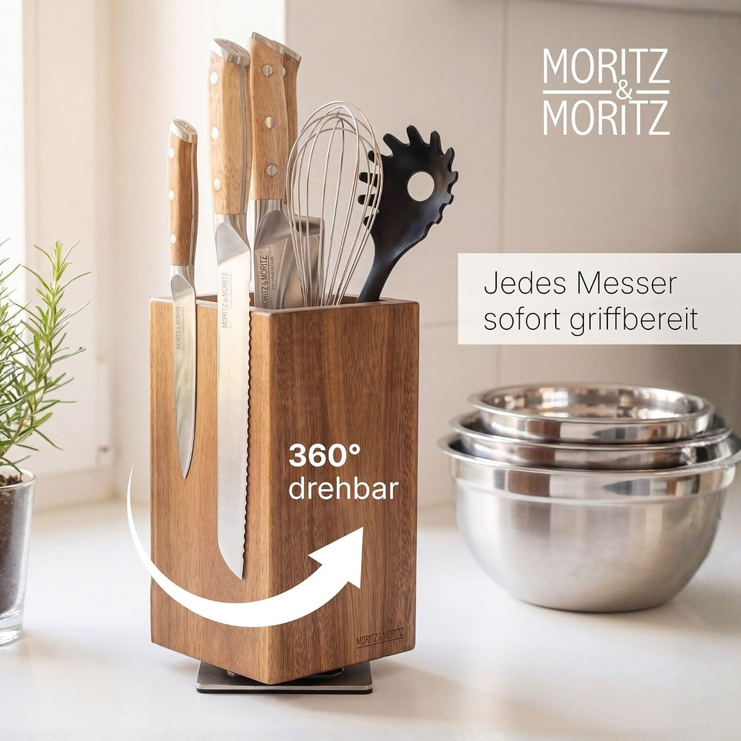 Moritz & Moritz Messerblock Akazie drehbar 360° - Messerhalter Magnetisch mit Drehfuss & herausnehmb