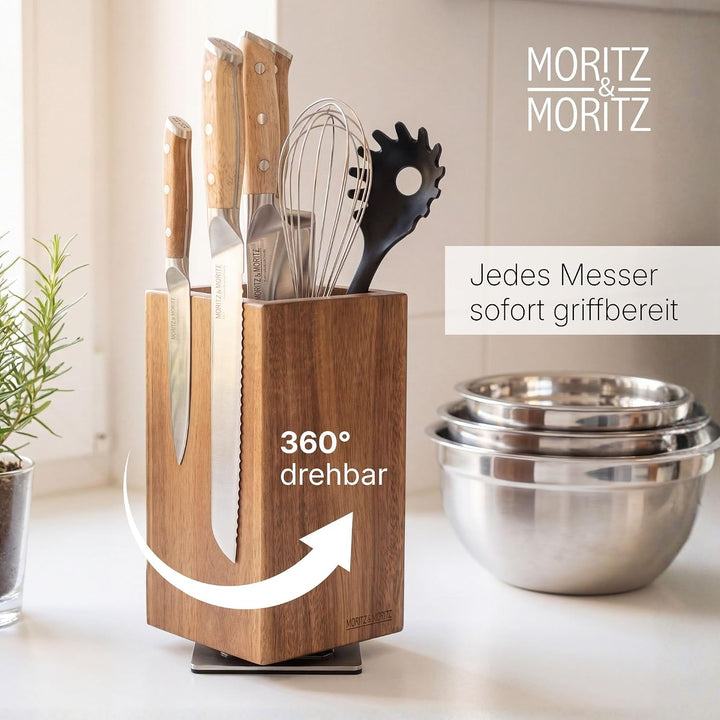 Moritz & Moritz Messerblock Akazie drehbar 360° - Messerhalter Magnetisch mit Drehfuss & herausnehmb