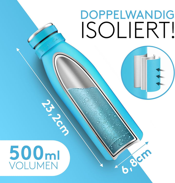 Vezato Trinkflasche Edelstahl - BPA-freie Isolierflasche 500 ml - Auslaufsichere Wasserflasche mit d