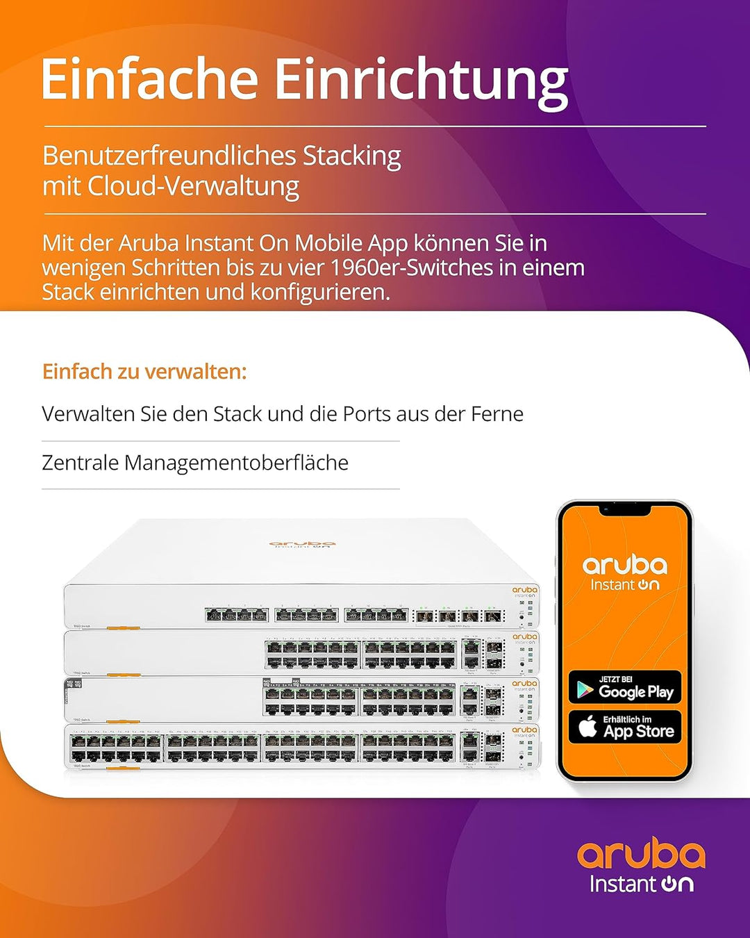 HPE Aruba Instant On 1960 24G PoE 20p der Kl.4 4p der Kl.6 2XGT 2SFP+ Switch (240W PoE Kl.6 / 370W P