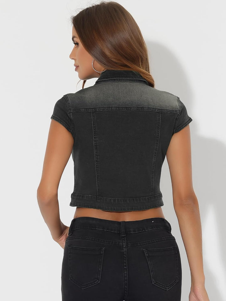 Allegra K Damen Kurzarm Jeansjacke kurze Jacke Sommer Knöpfen Stretch Denim Crop Westen Weste XS Sch