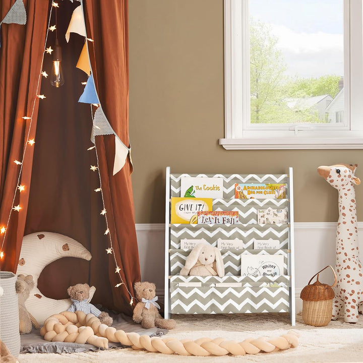 SoBuy Bücherregal Kinder Montessori Regal Kinderzimmer mit 4 Stofffächern Aufbewahrung Spielzeug & B