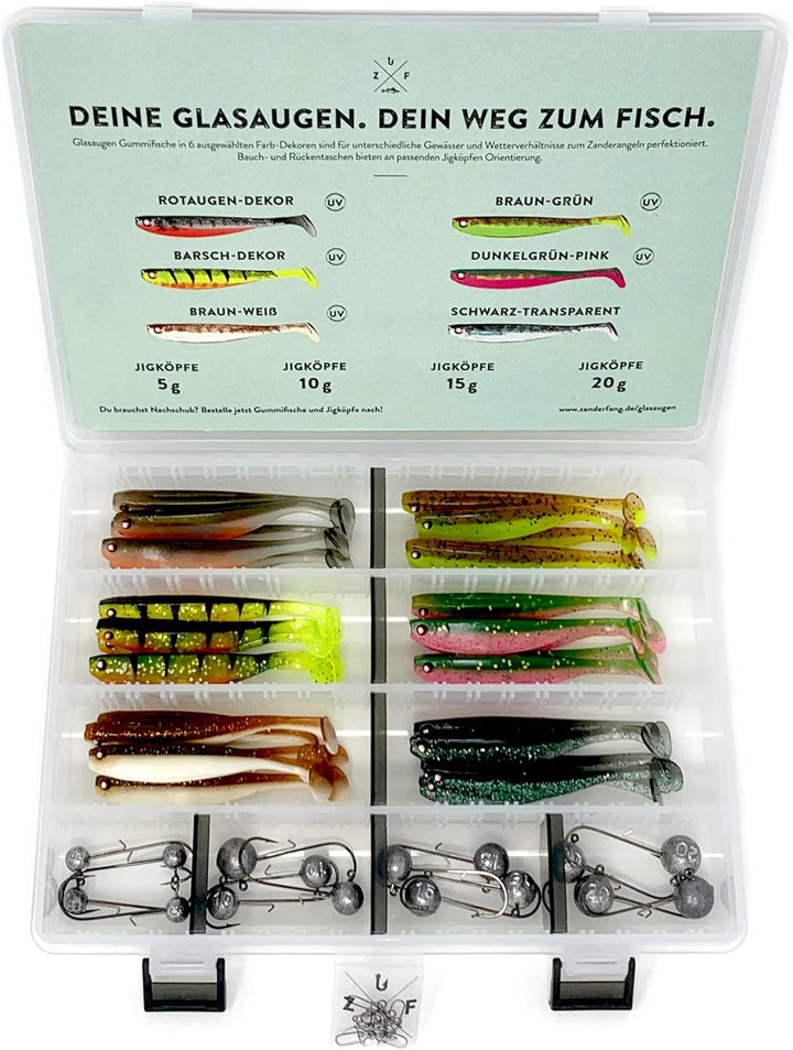 Zanderfang Gummifisch Box - Gummifische mit Jigkopf zum Zanderangeln mit Gummifisch - 30 Zander Gumm