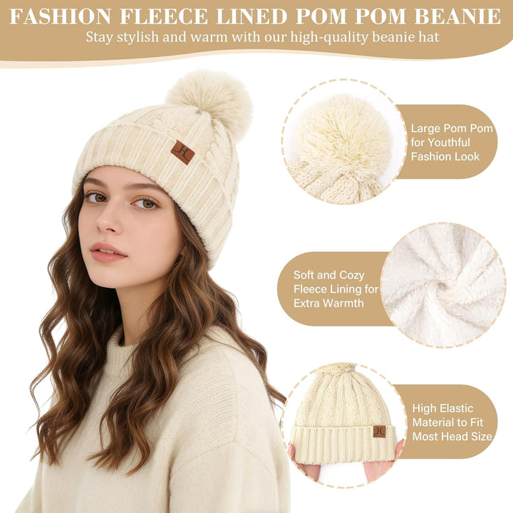 Bequemer Laden Damen Winter Warm Pompom Mütze Touchscreen Handschuhe Lang Schal Set mit Fleece Gefüt