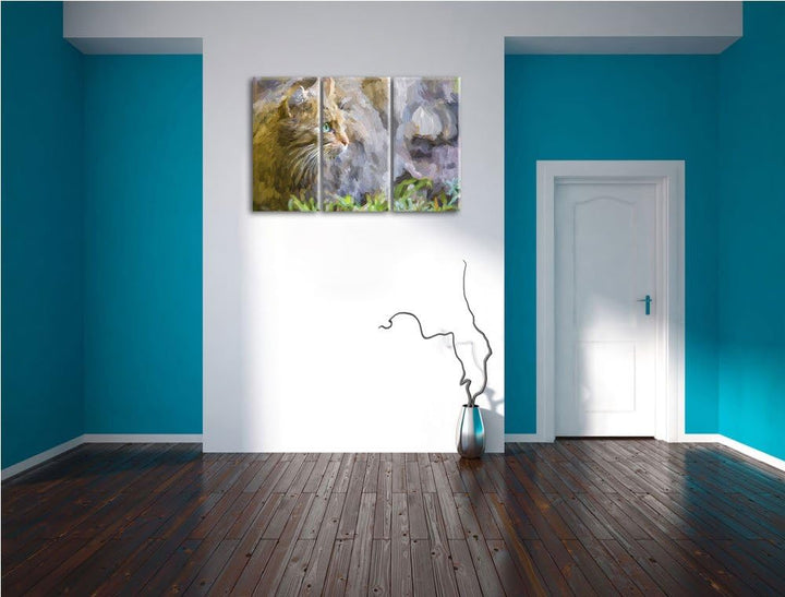 kleine Manul im Gras Spezial 3-Teiler Leinwandbild 120x80 Bild auf Leinwand, XXL riesige Bilder fert