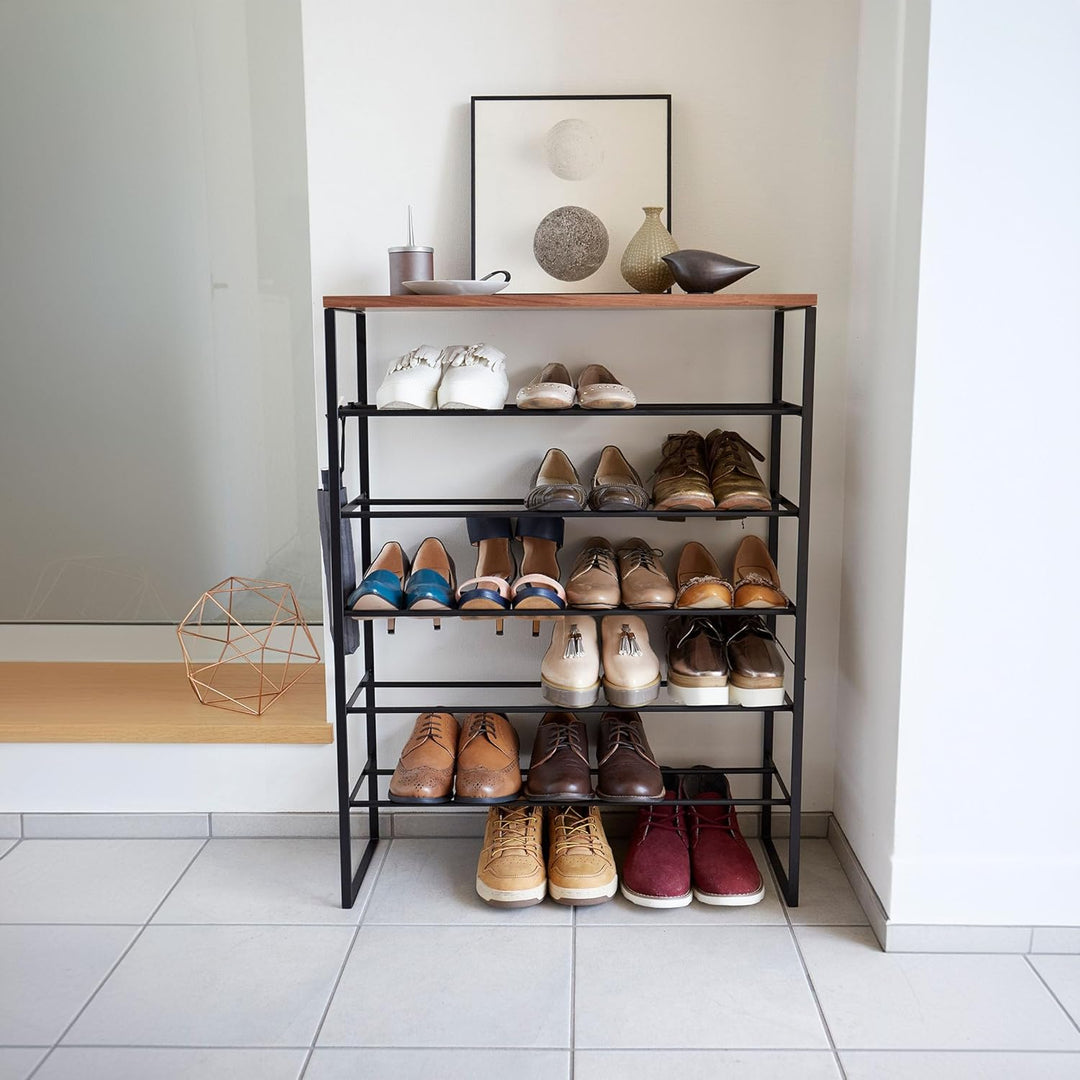 Shoe rack with wood top board - Tower - black Single Schwarz, Single Schwarz
