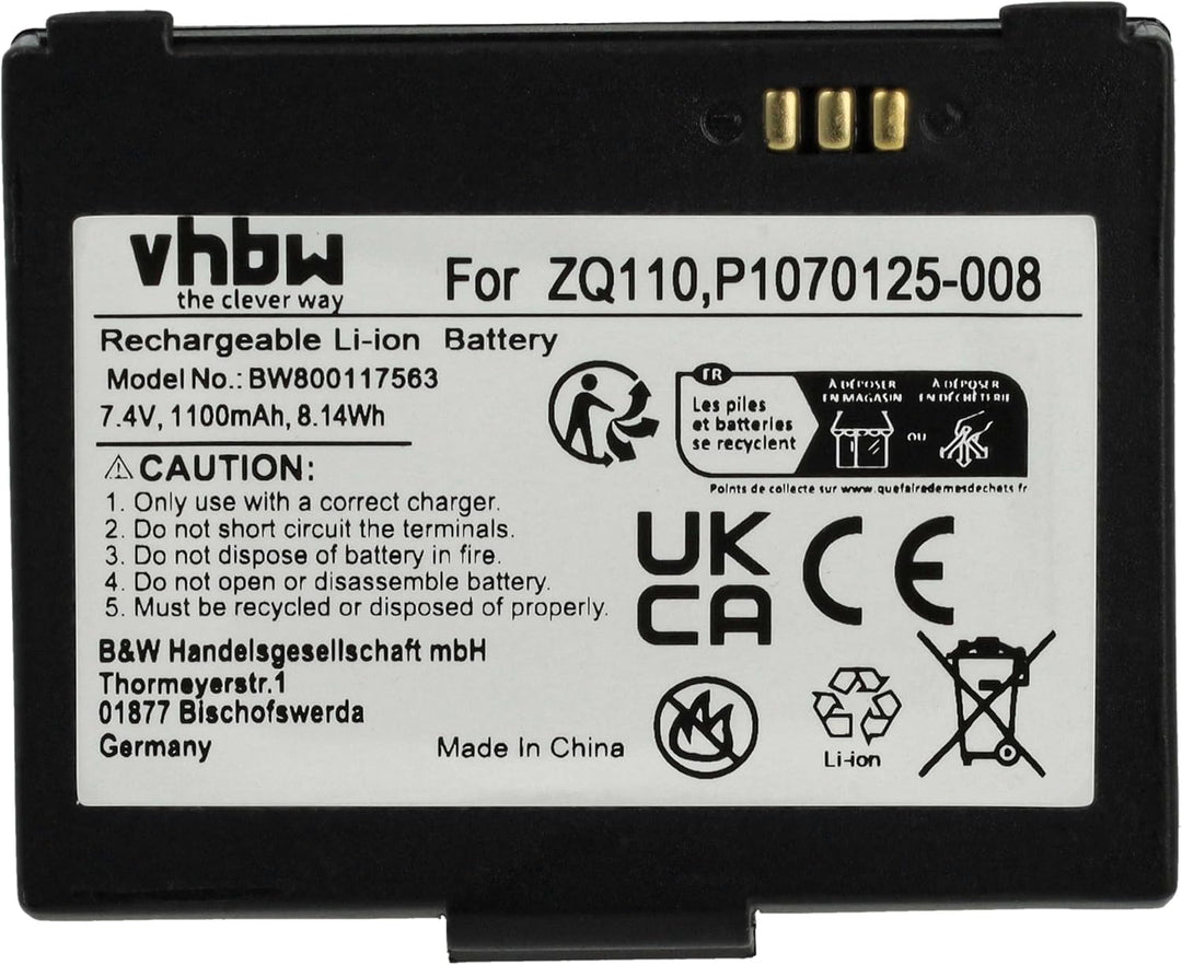 vhbw Akku kompatibel mit Zebra ZQ110 | ZQ220, ZR128 Barcodescanner POS (1100 mAh, 7,4 V, Li-Ion)