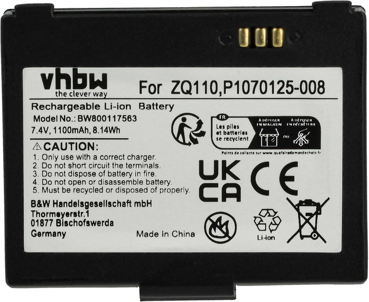 vhbw Akku kompatibel mit Zebra ZQ110 | ZQ220, ZR128 Barcodescanner POS (1100 mAh, 7,4 V, Li-Ion)
