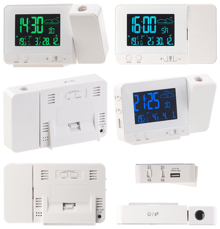 infactory Uhr mit Projektion: Funk-Wetterstation mit Projektions-Wecker, Aussensensor und USB, weiss