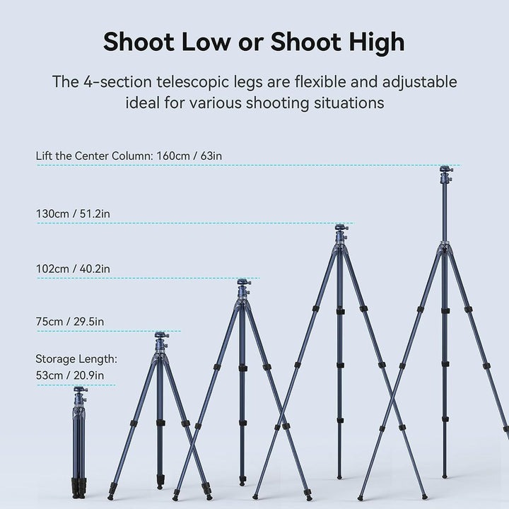 SMALLRIG Lightweight Travel Tripod, Kamerastativ mit kompakter, unkonventioneller Mittelsäule, 360°-