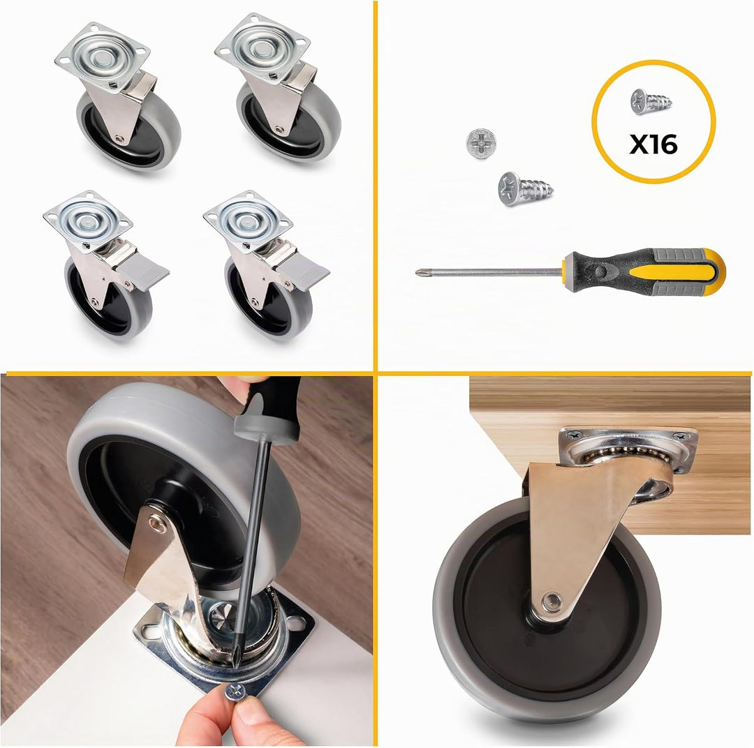 Emuca - Set aus 4 Lenkrollen für Möbel Ø100mm mit Anschraubplatte und Kugellager, schwenkrollen Gumm
