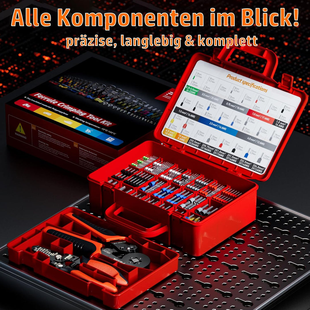 PEBA Vierkant Crimpzange Set mit Abisolierzange, 33 Grössen Aderendhülsen inkl. Twin, 0,25–10 mm², R