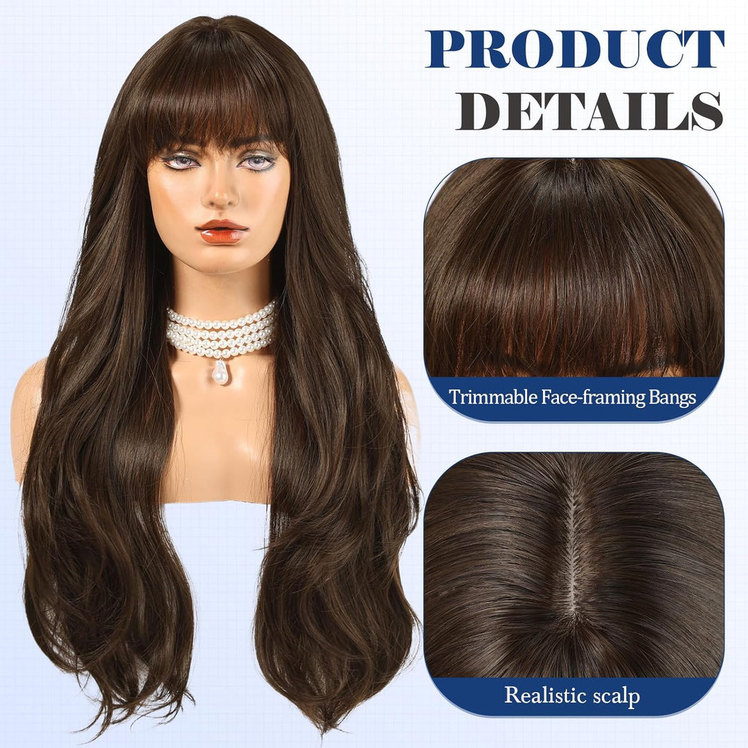 HAIRCUBE Lange dunkelbraune Perücke mit Pony, geschichtete lockige Perücken für Frauen, natürliche s