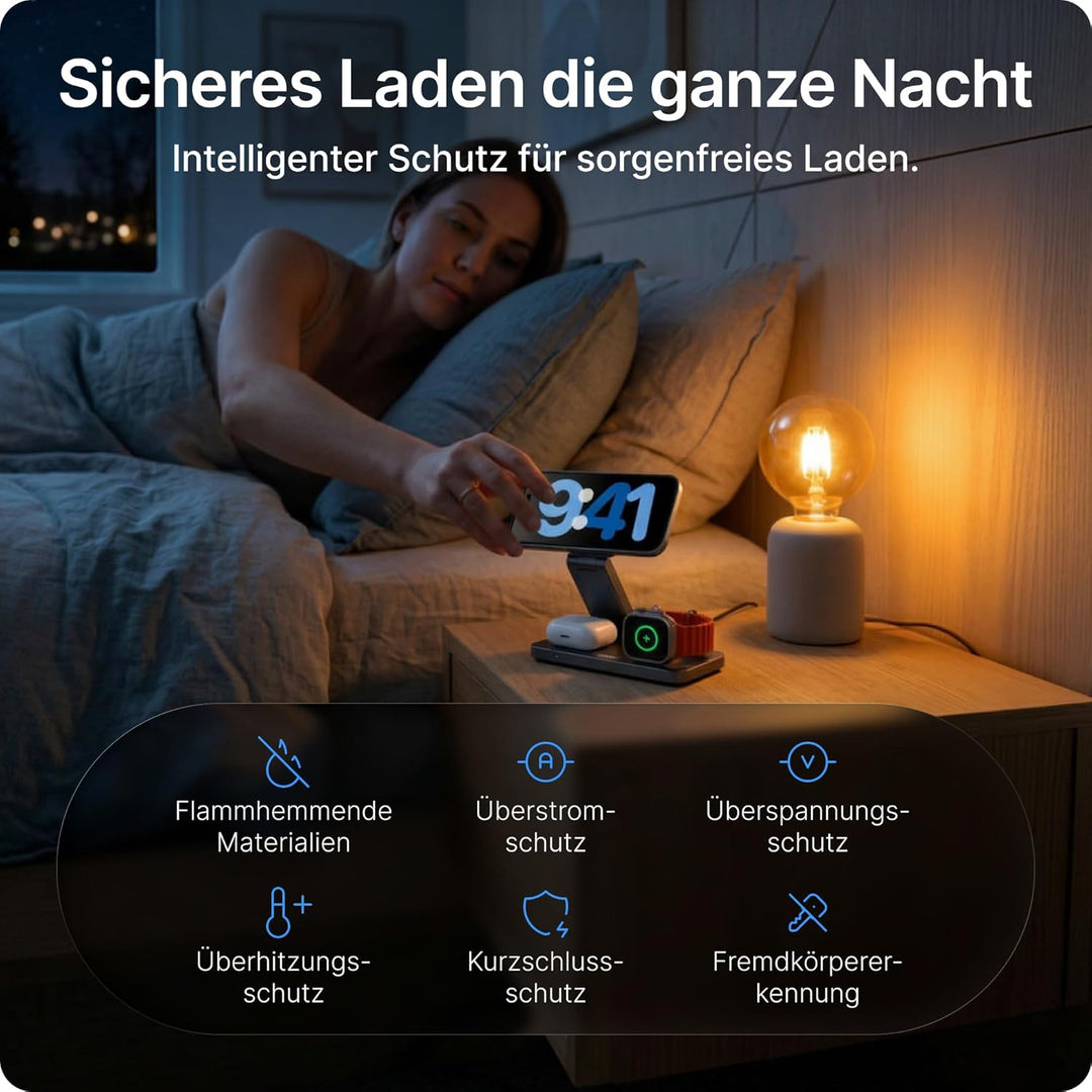 Voomy 3-in-1 Induktive Ladestation Kompatibel mit Magsafe Ladegerät, iPhone, AirPods & Apple Watch,