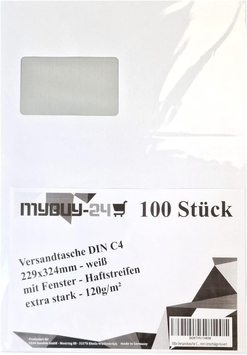 100x Versandtasche C4 A4 weiss mit Fenster, selbstklebend mit Abziehstreifen, mit grauen Innendruck,