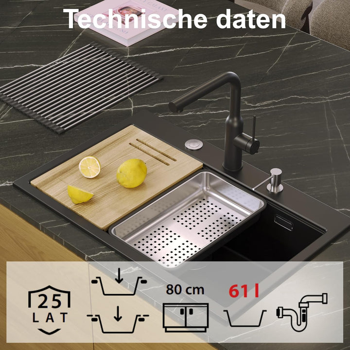 QUADRON | MARC-KÜCHE | EINZELKAMMER | SPENDER | SCHNEIDEBRETT | KAPAZITÄTSKAMMER | ABMESSUNGEN 76 x