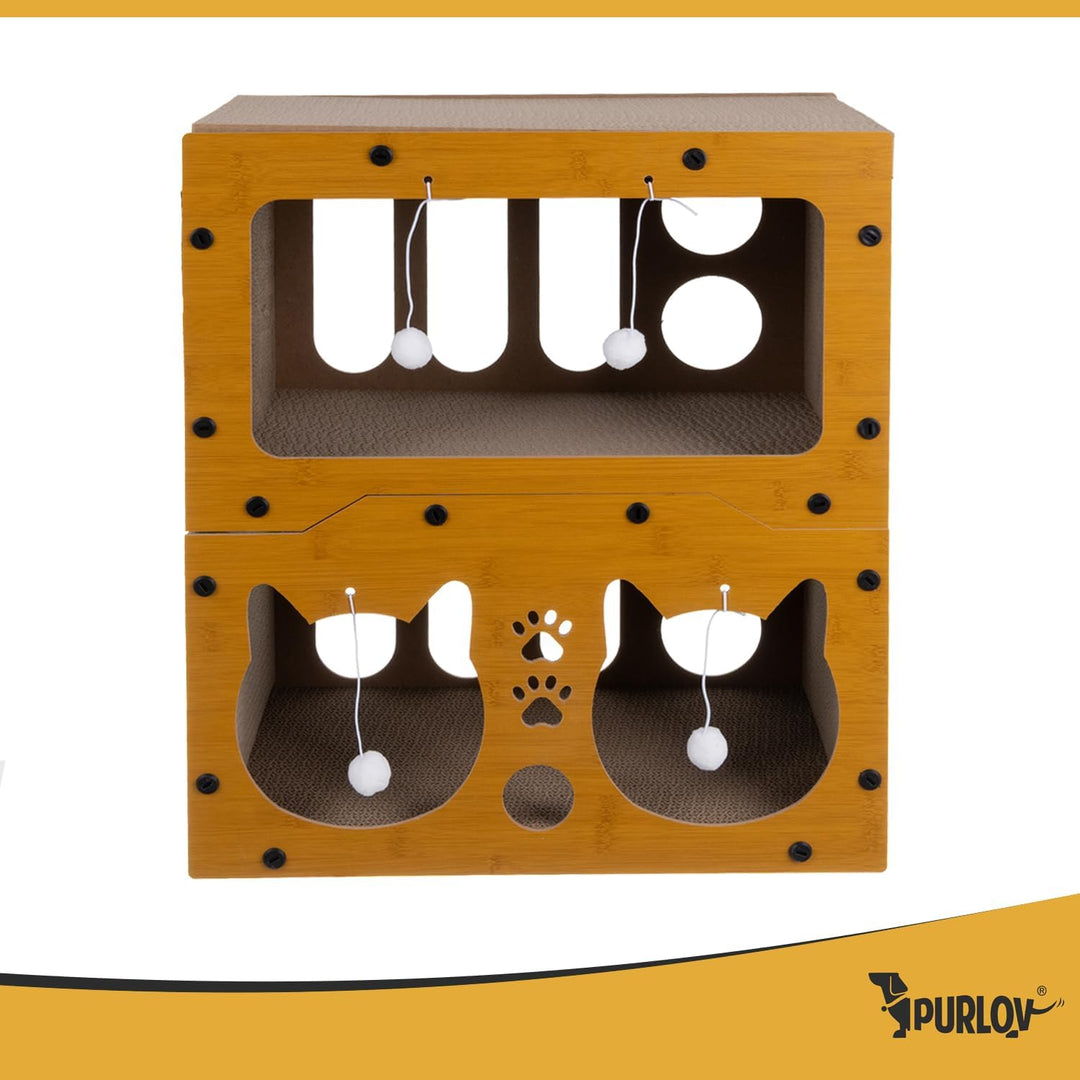 Purlov Katzen Kratzhaus 3-in-1 mit 2 Etagen – HDF & extra Feste Wellpappe, Kratzmöbel & Liegeplatz f