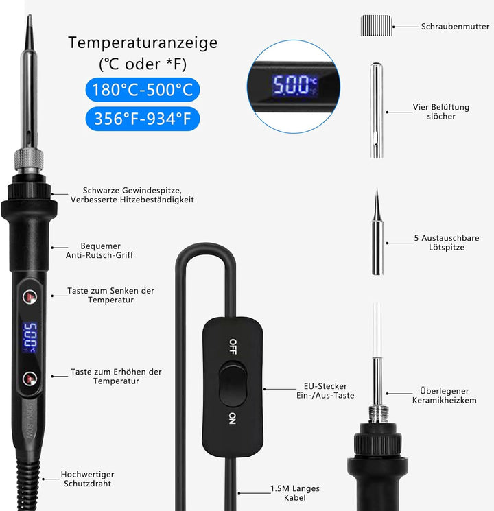 Lötkolben set,Lötkolben-Kit 80W Einstellbar Temperatur (180℃-500℃), enthält 1 Lötkolbens mit Ein/Aus