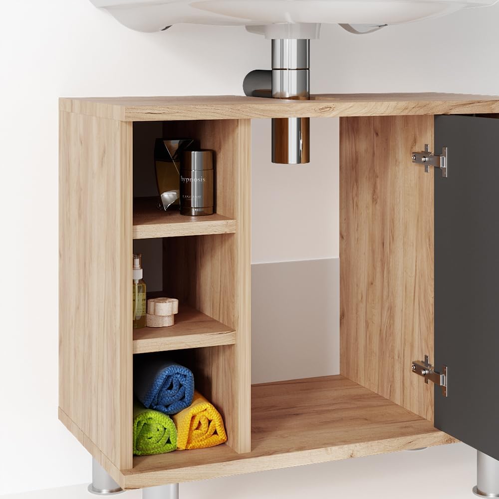 Vicco Waschbeckenunterschrank Fynn, Anthrazit/Goldkraft Eiche, 60 x 54 cm, mit Aussparung für Siphon