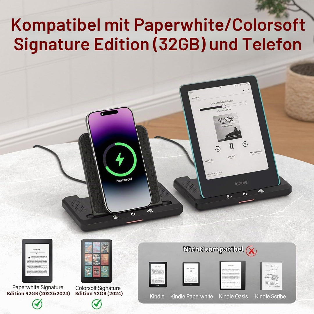 Hörbuch Lautsprecher Mit Kabelloses Ladestation für Kindle Paperwhite Signature Editions (2022 und 2